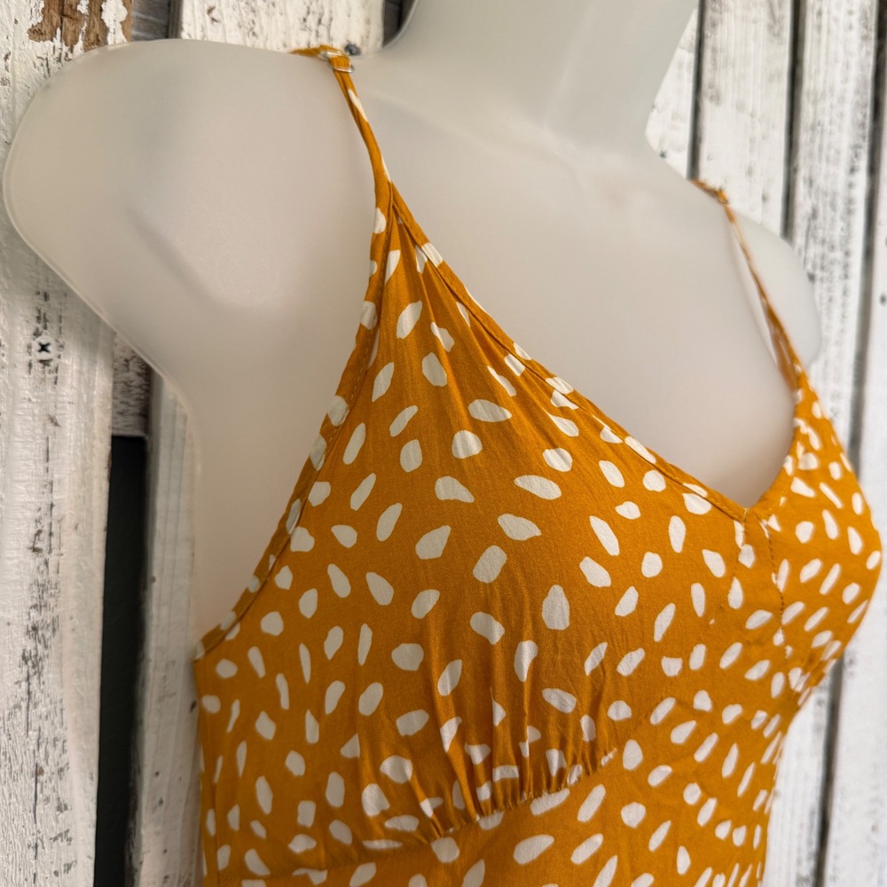 Brovave Mustard Yellow Abstract Polka Dot Midi Sundress Size L Ruffle Hem Boho - Picture 7 of 11